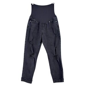 Savi‎ Parker NY Black Wash Distressed Maternity Jeans XL Frayed Hem Denim